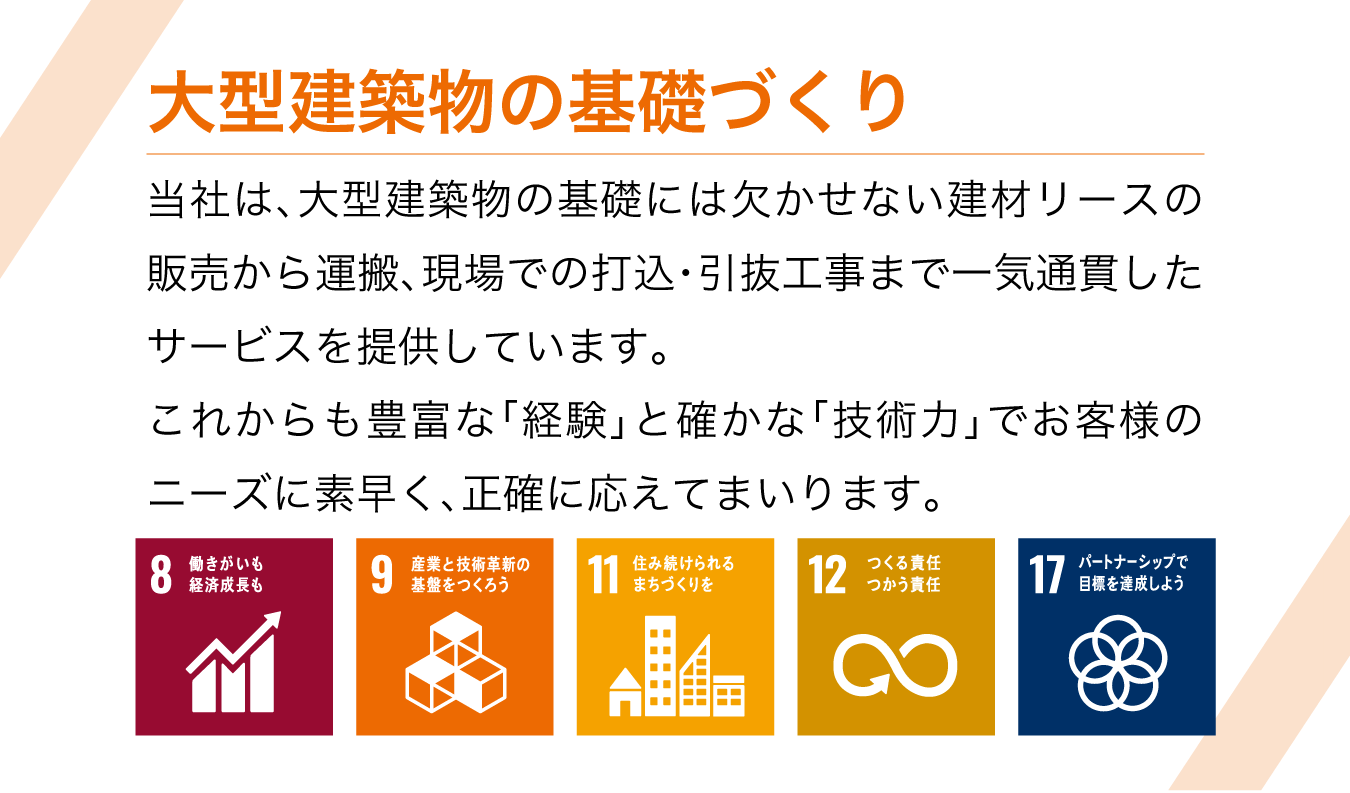 大型建築物の基礎づくり 当社は、大型建築物の基礎には欠かせない建材リースの販売から運搬、現場での打込・引抜工事まで一気通貫したサービスを提供しています。これからも豊富な「経験」と確かな「技術力」でお客様のニーズに素早く、正確に応えてまいります。