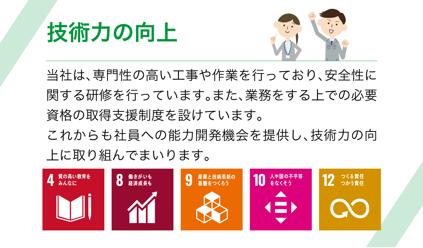 技術力の向上 当社は、専門性の高い工事や作業を行っており、安全性に関する研修を行っています。また、業務をする上での必要資格の取得支援制度を設けています。これからも社員への能力開発機会を提供し、技術力の向上に取り組んでまいります。