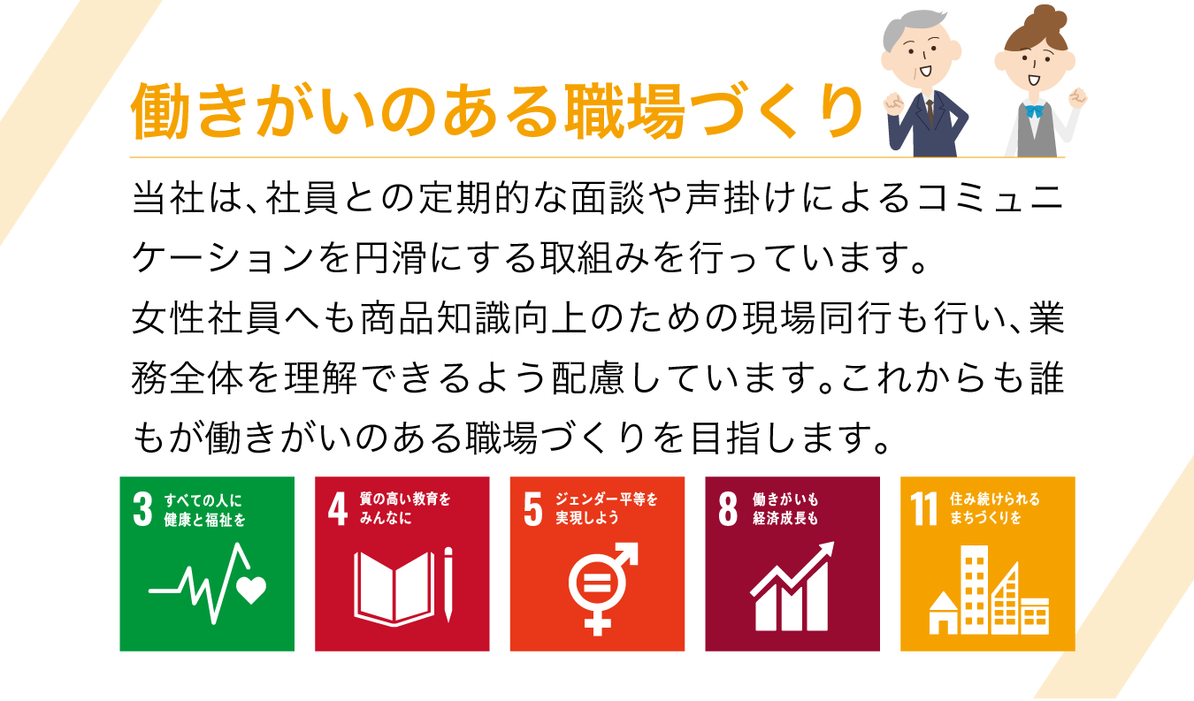 働きがいのある職場づくり 当社は、社員との定期的な面談や声掛けによるコミュニケーションを円滑にする取組みを行っています。女性社員へも商品知識向上のための現場同行も行い、業務全体を理解できるよう配慮しています。これからも誰もが働きがいのある職場づくりを目指します。